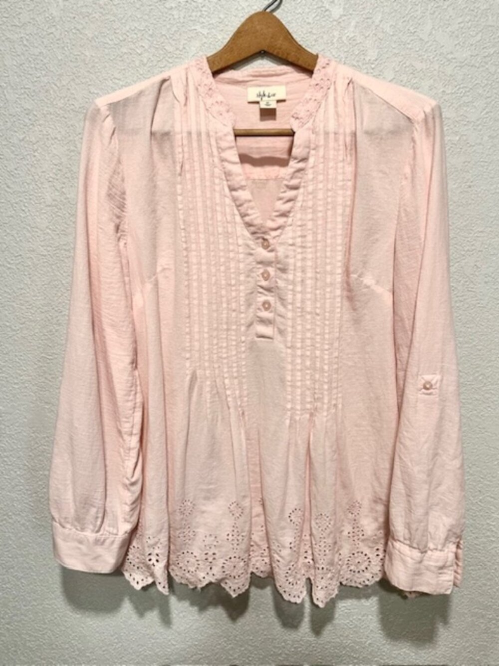 Style & Co Womens Blouse Long Sleeve Pleated Buttons Crochet Floral Pink Size M